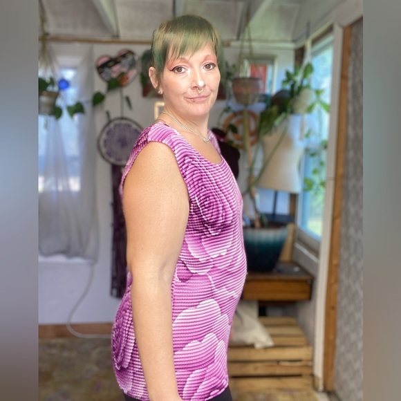 Vintage Y2K 90s Rose Floral Purple Accordion Style Blouse 1X Small Medium Large - Picture 7 of 16